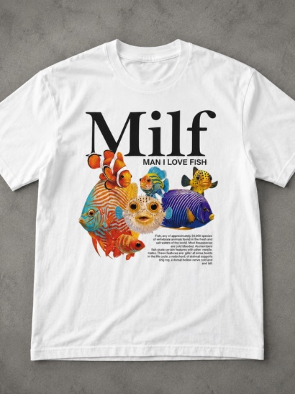 MILF MAN I LOVE FISH White Graphic Tee featuring Colorful Reef Fish